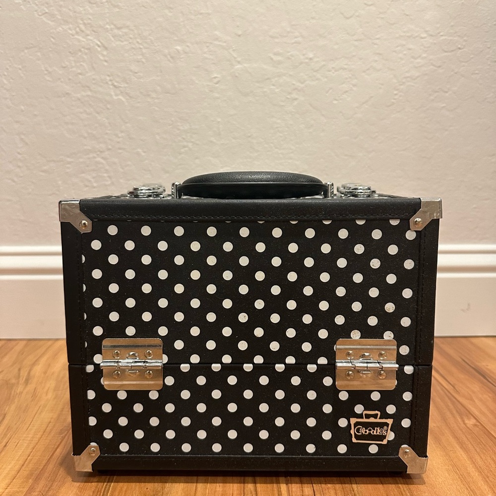 Beauty, makeup, nail, hair organizer black and white polkadot with lock key set